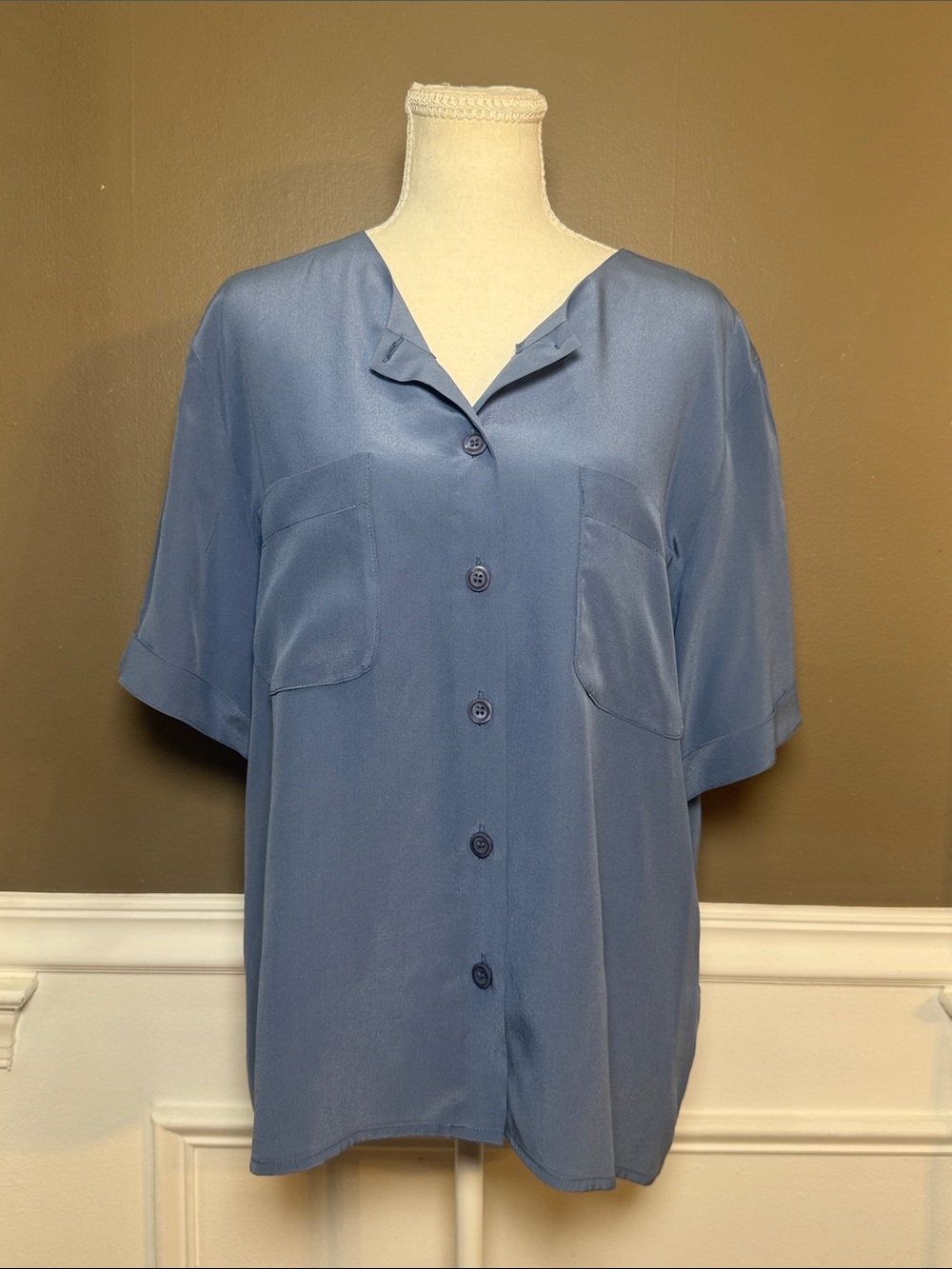 Vintage Henry White Ireland 100% Silk Blue Button Front Blouse 14‎